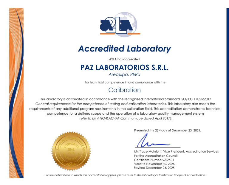 Certificado Calibración A2LA 06012026