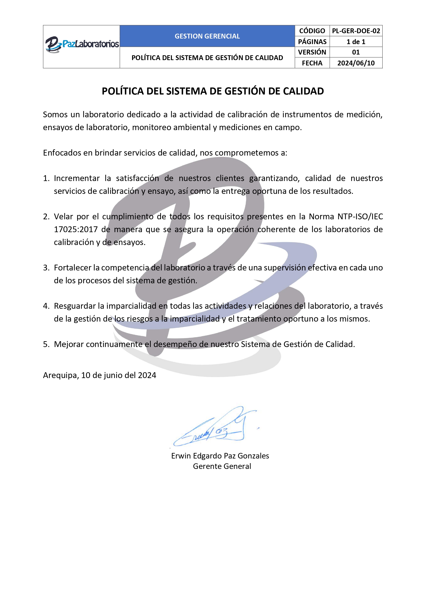 Politica de Calidad Paz Laboratorios